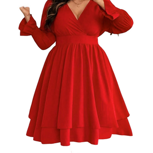 Elegant Red long sleeves Women's knee Dress
